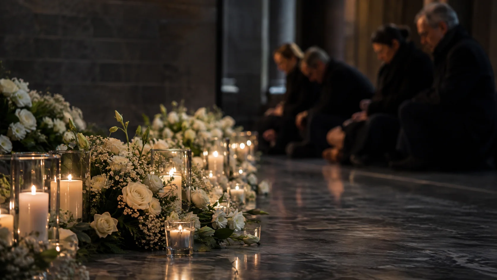 Candles and white flowers at a memorial gathering